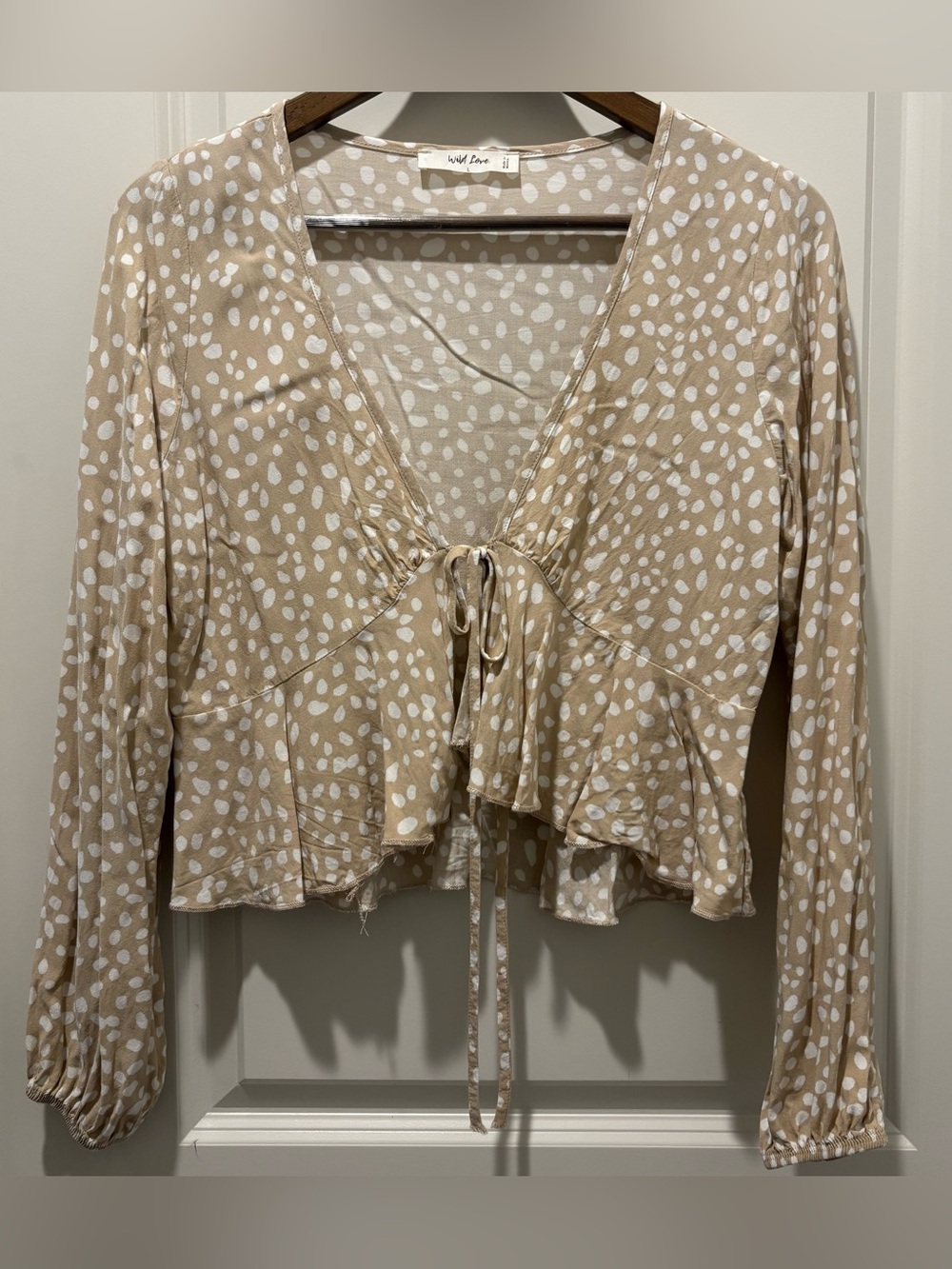 Wild Love Beige and White Polka Dot Tie-Front Boho Ruffle Blouse